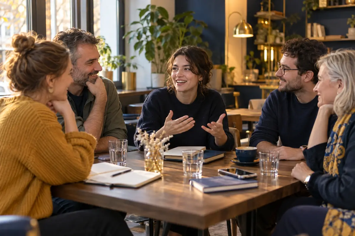 Illustrative image of adults of different ages talking around a table in a café