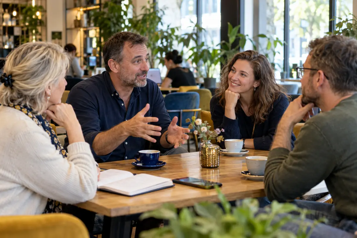 Illustrative image of four adults getting acquainted in a relaxed setting